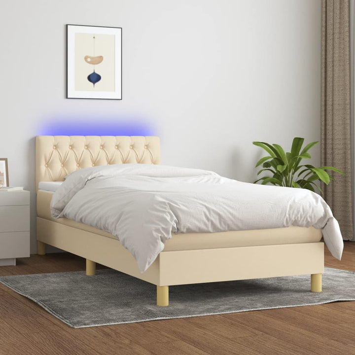 kontinentalseng med LED-lys 90x190 cm stof cremefarvet