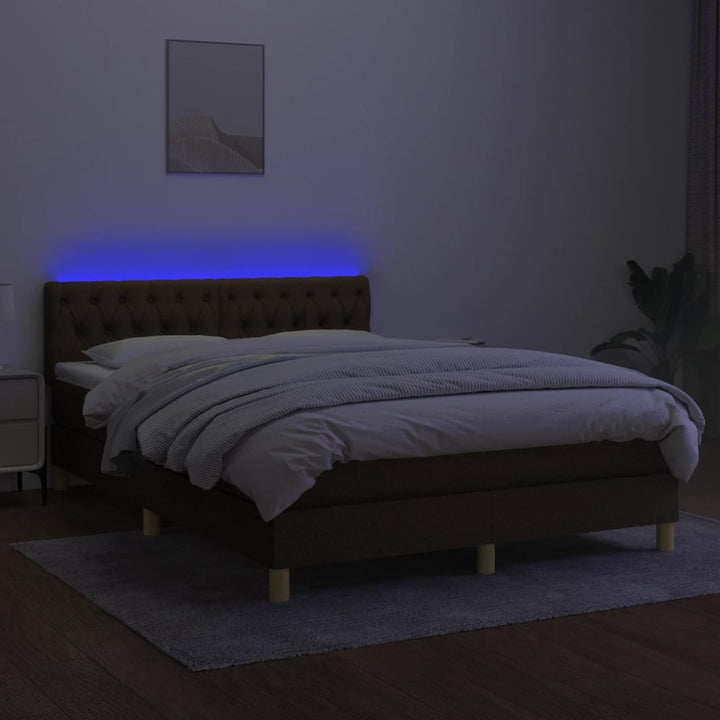 kontinentalseng med LED-lys 140x190 cm stof mørkebrun