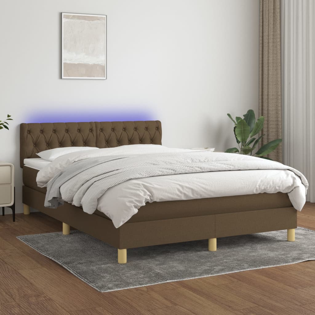 kontinentalseng med LED-lys 140x200 cm stof mørkebrun