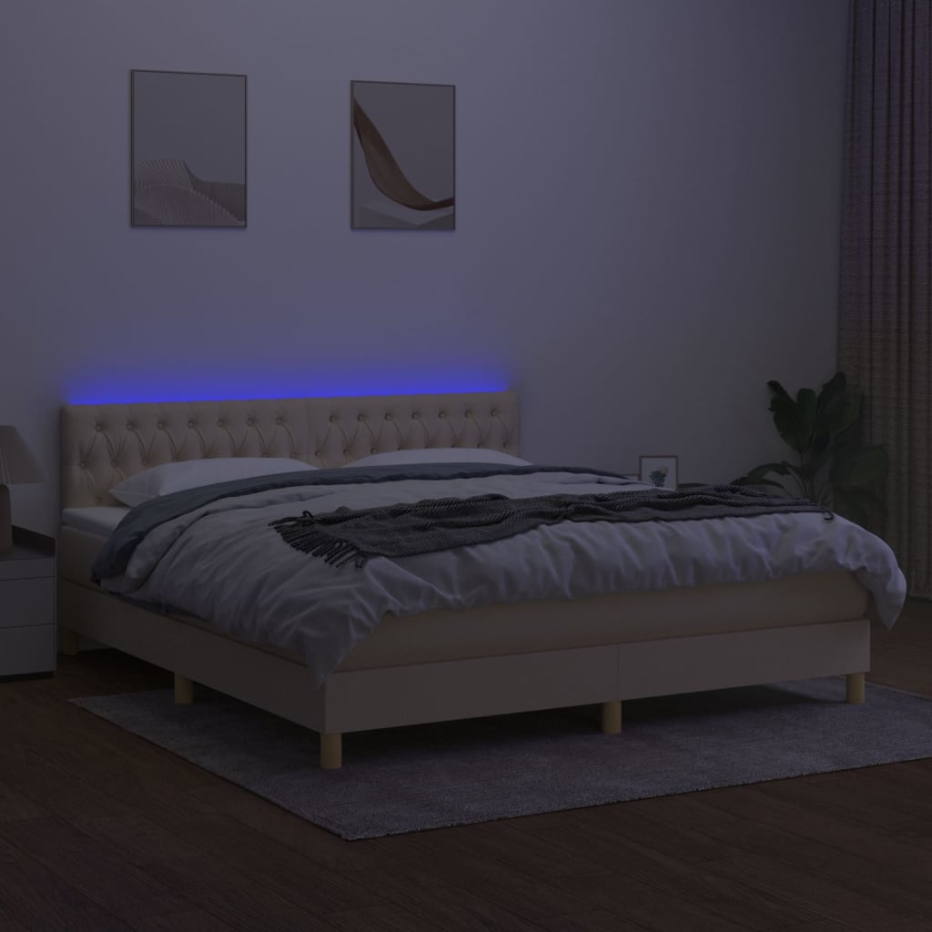kontinentalseng med LED-lys 160x200 cm stof cremefarvet