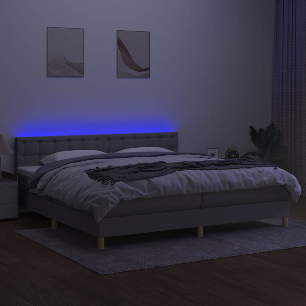 kontinentalseng med LED-lys 200x200 cm stof lysegrå