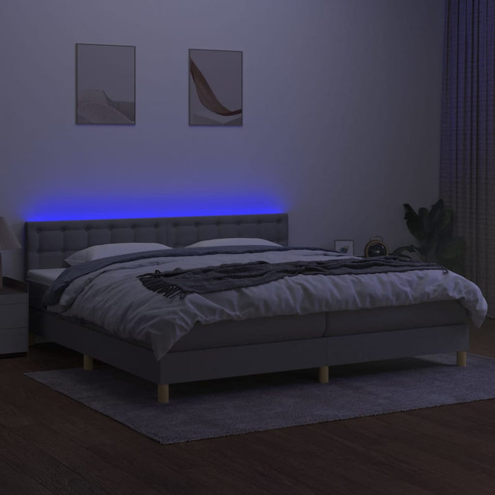 kontinentalseng med LED-lys 200x200 cm stof lysegrå