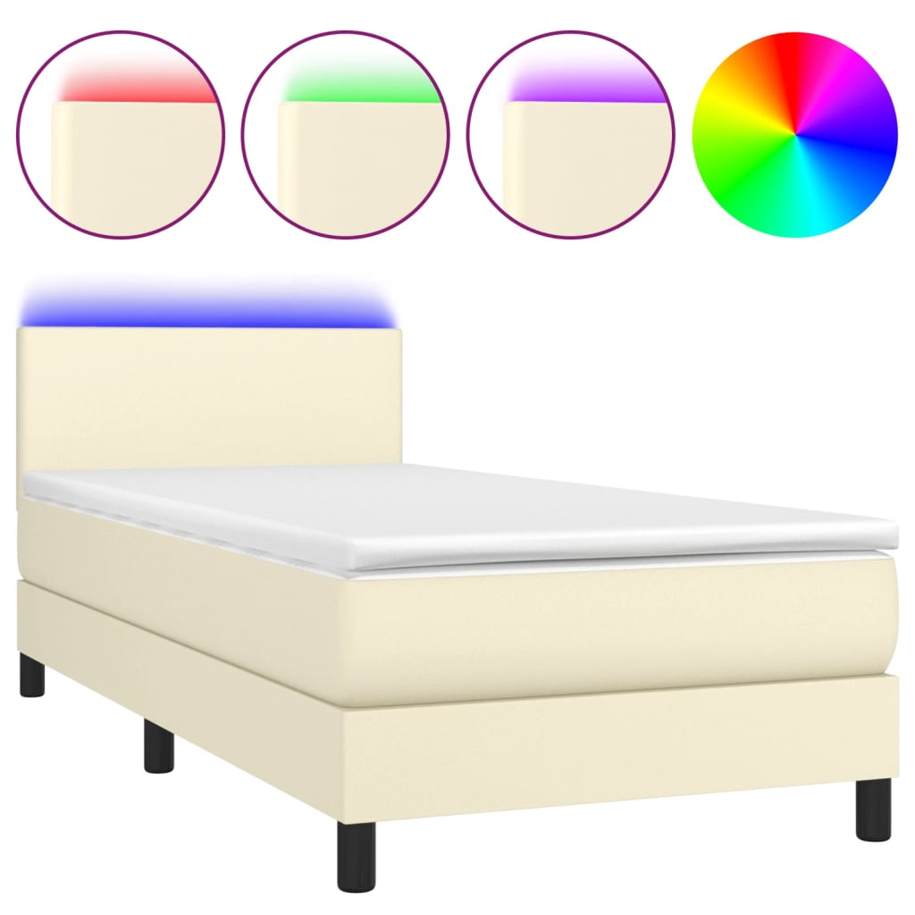 kontinentalseng med LED-lys 100x200 cm kunstlæder cremefarvet