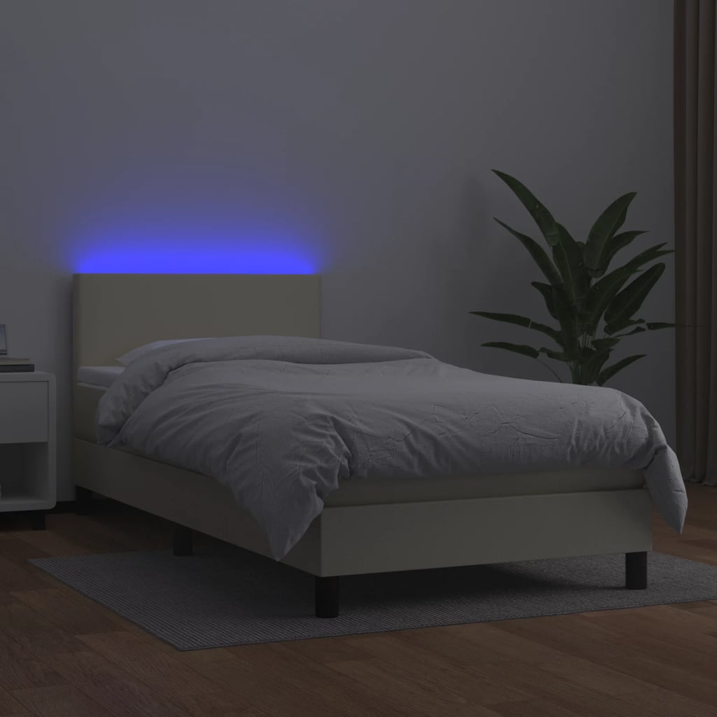 kontinentalseng med LED-lys 100x200 cm kunstlæder cremefarvet