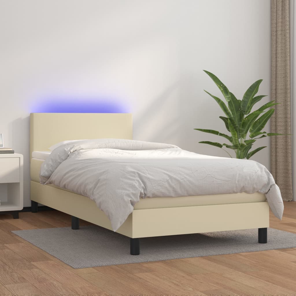 kontinentalseng med LED-lys 100x200 cm kunstlæder cremefarvet