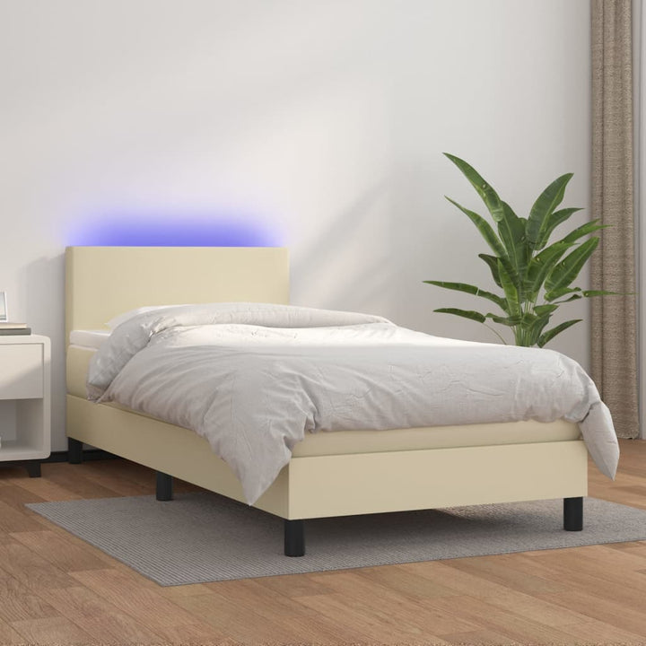 kontinentalseng med LED-lys 100x200 cm kunstlæder cremefarvet