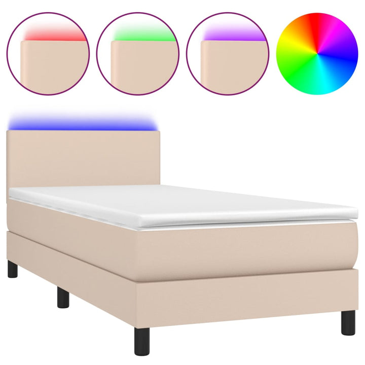 kontinentalseng LED-lys 100x200 cm kunstlæder cappuccinofarvet