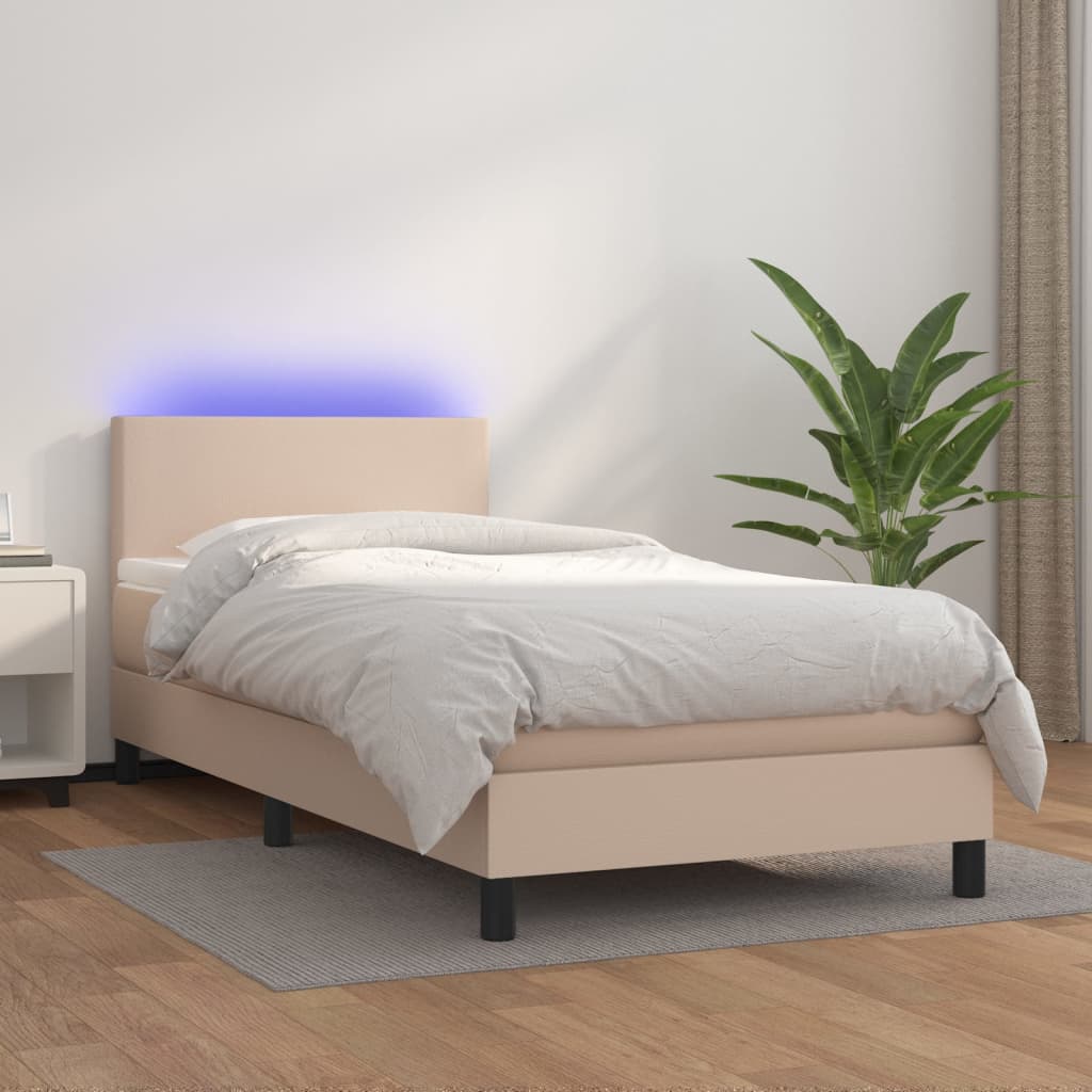 kontinentalseng LED-lys 100x200 cm kunstlæder cappuccinofarvet