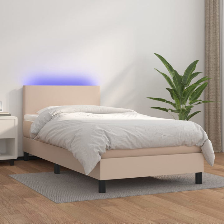 kontinentalseng LED-lys 100x200 cm kunstlæder cappuccinofarvet