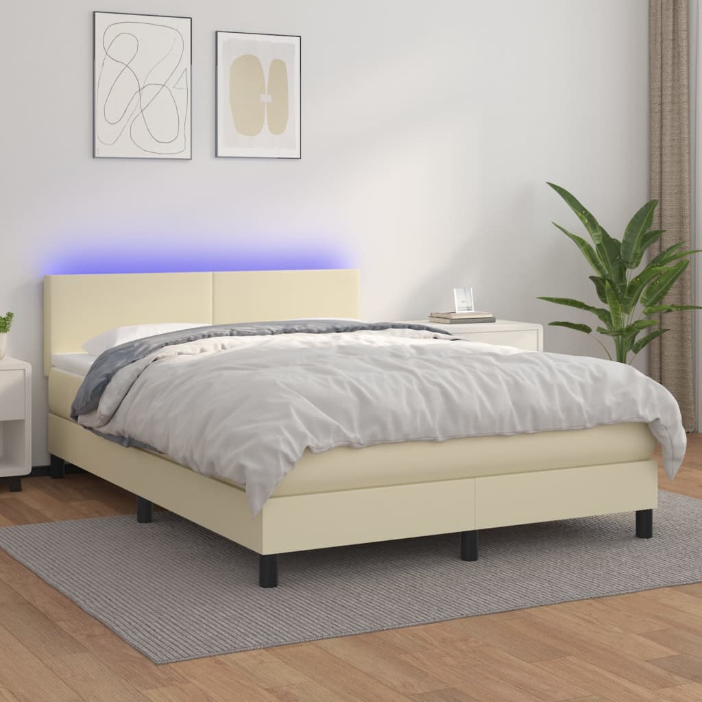 kontinentalseng med LED-lys 140x190 cm kunstlæder cremefarvet
