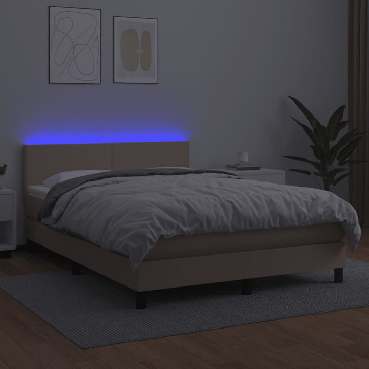 kontinentalseng LED-lys 140x190 cm kunstlæder cappuccinofarvet