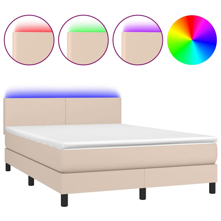 kontinentalseng LED-lys 140x200 cm kunstlæder cappuccinofarvet