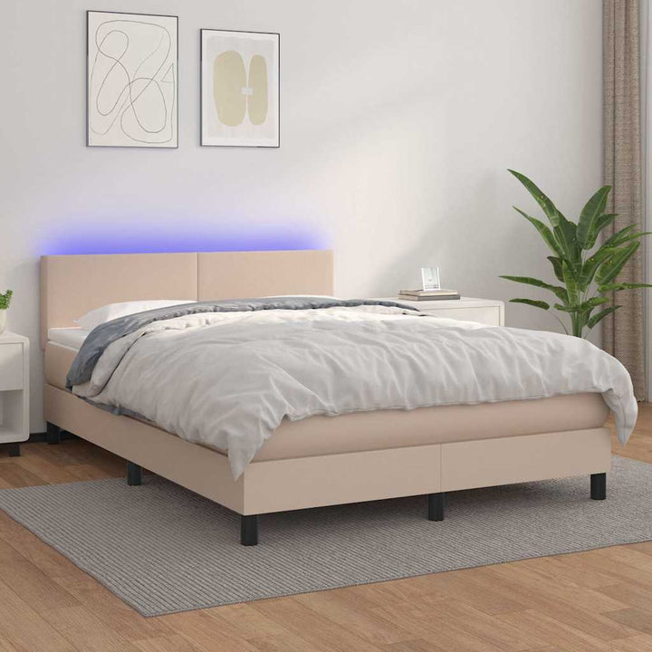 kontinentalseng LED-lys 140x200 cm kunstlæder cappuccinofarvet