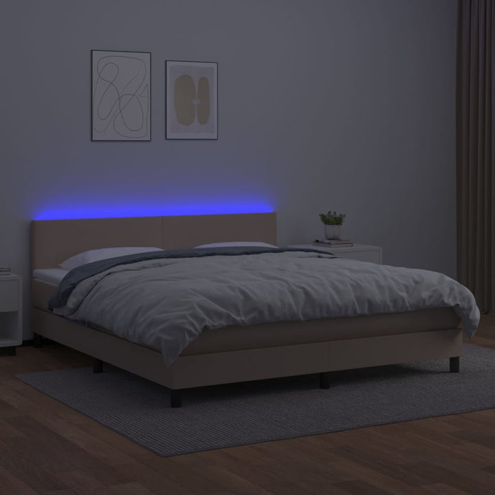 kontinentalseng LED-lys 180x200 cm kunstlæder cappuccinofarvet