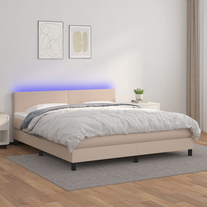 kontinentalseng LED-lys 180x200 cm kunstlæder cappuccinofarvet