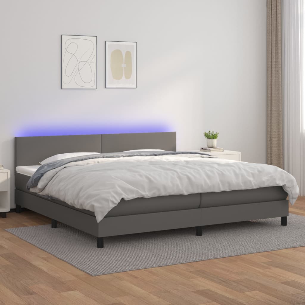 kontinentalseng med LED-lys 200x200 cm kunstlæder grå