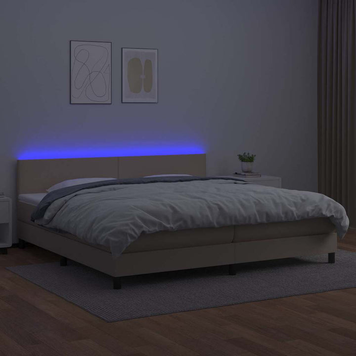 kontinentalseng LED-lys 200x200 cm kunstlæder cappuccinofarvet