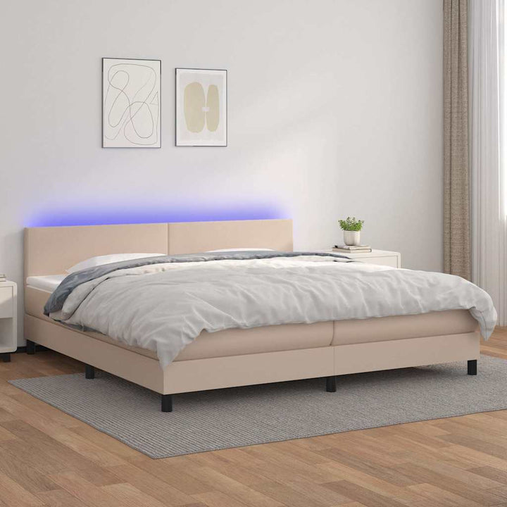 kontinentalseng LED-lys 200x200 cm kunstlæder cappuccinofarvet