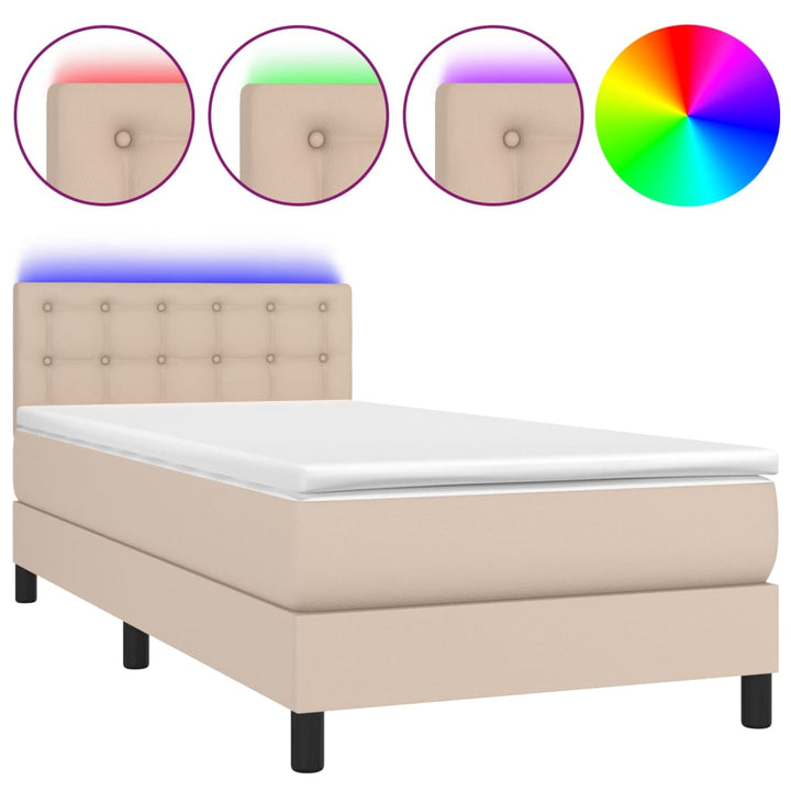 kontinentalseng LED-lys 90x190 cm kunstlæder cappuccinofarvet