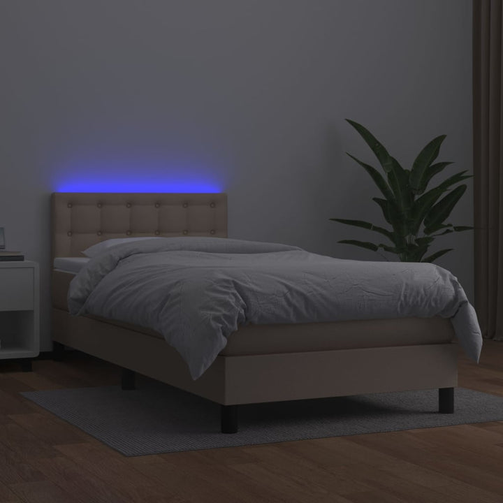 kontinentalseng LED-lys 90x190 cm kunstlæder cappuccinofarvet