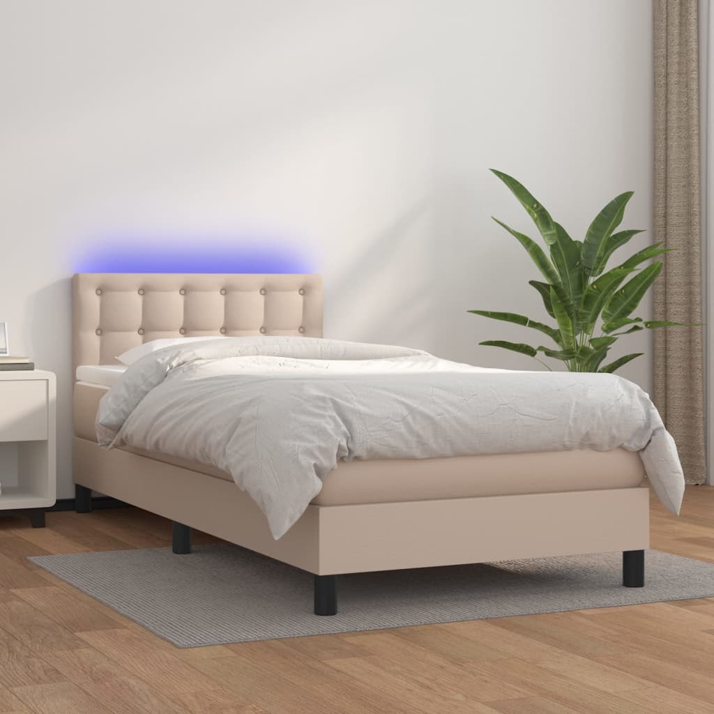 kontinentalseng LED-lys 90x190 cm kunstlæder cappuccinofarvet