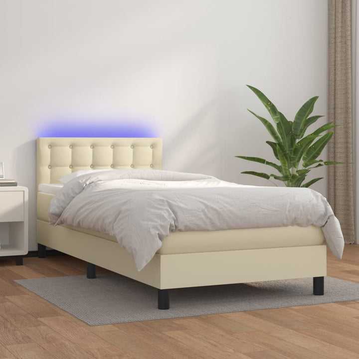 kontinentalseng med LED-lys 90x200 cm kunstlæder cremefarvet