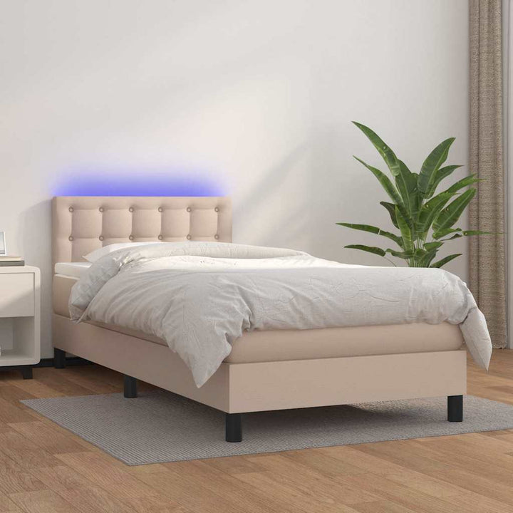 kontinentalseng LED-lys 100x200 cm kunstlæder cappuccinofarvet