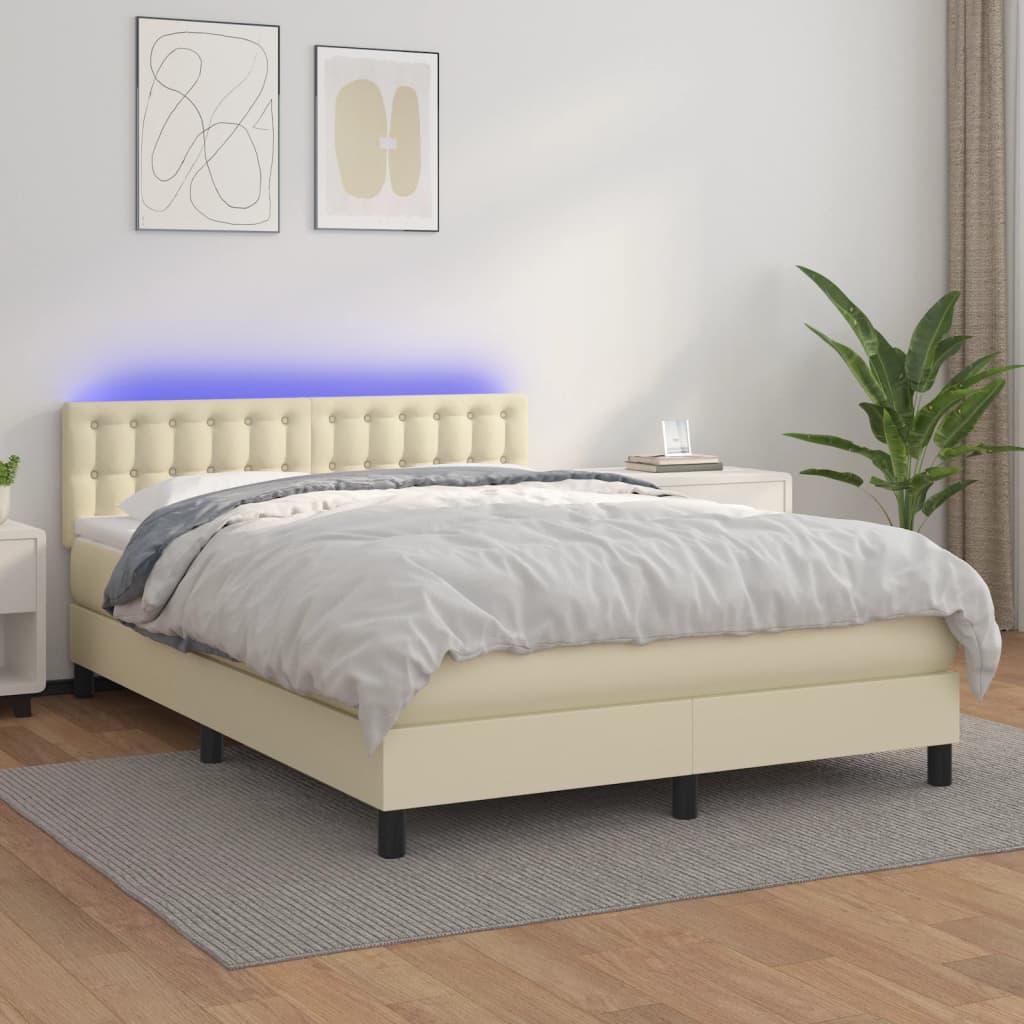 kontinentalseng med LED-lys 140x190 cm kunstlæder cremefarvet
