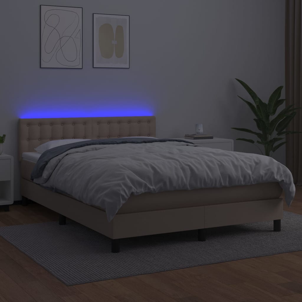 kontinentalseng LED-lys 140x200 cm kunstlæder cappuccinofarvet