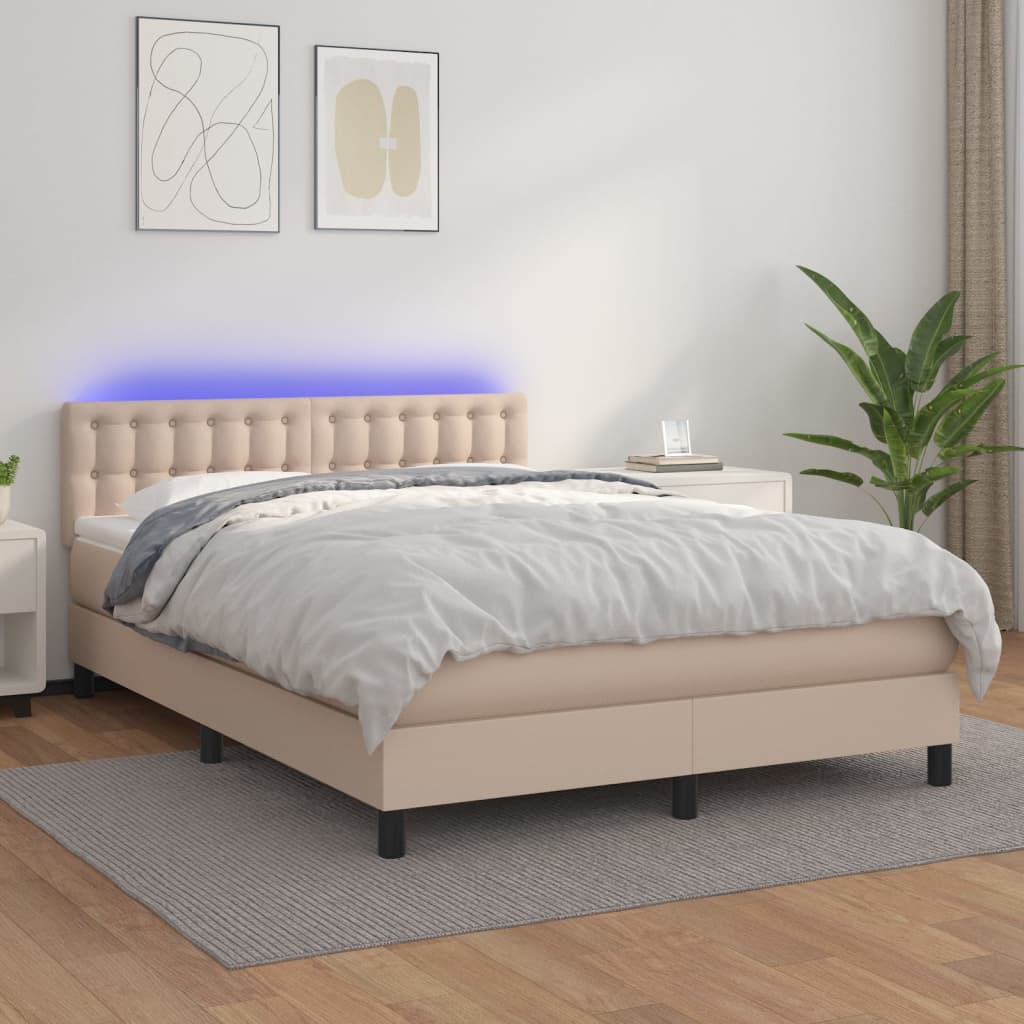 kontinentalseng LED-lys 140x200 cm kunstlæder cappuccinofarvet