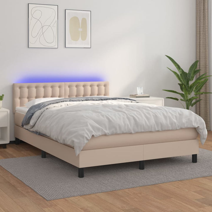 kontinentalseng LED-lys 140x200 cm kunstlæder cappuccinofarvet