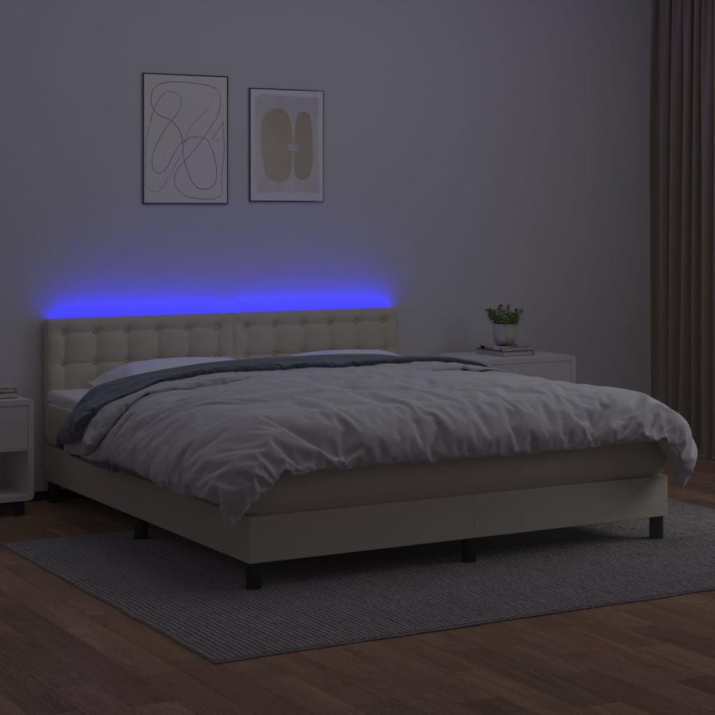 kontinentalseng med LED-lys 160x200 cm kunstlæder cremefarvet