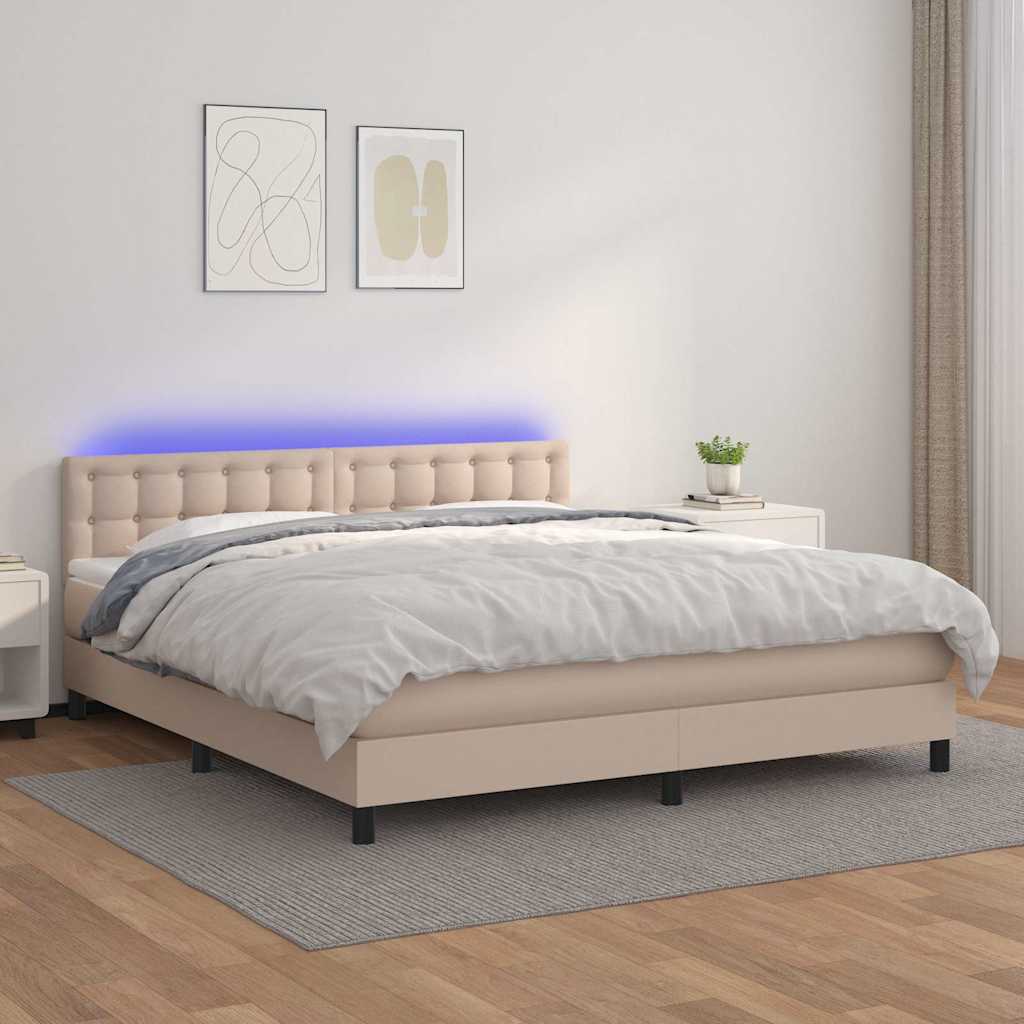 kontinentalseng LED-lys 160x200 cm kunstlæder cappuccinofarvet