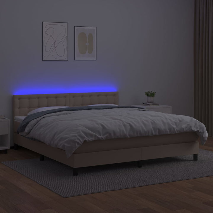kontinentalseng LED-lys 180x200 cm kunstlæder cappuccinofarvet