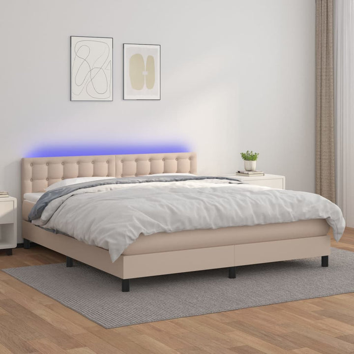 kontinentalseng LED-lys 180x200 cm kunstlæder cappuccinofarvet