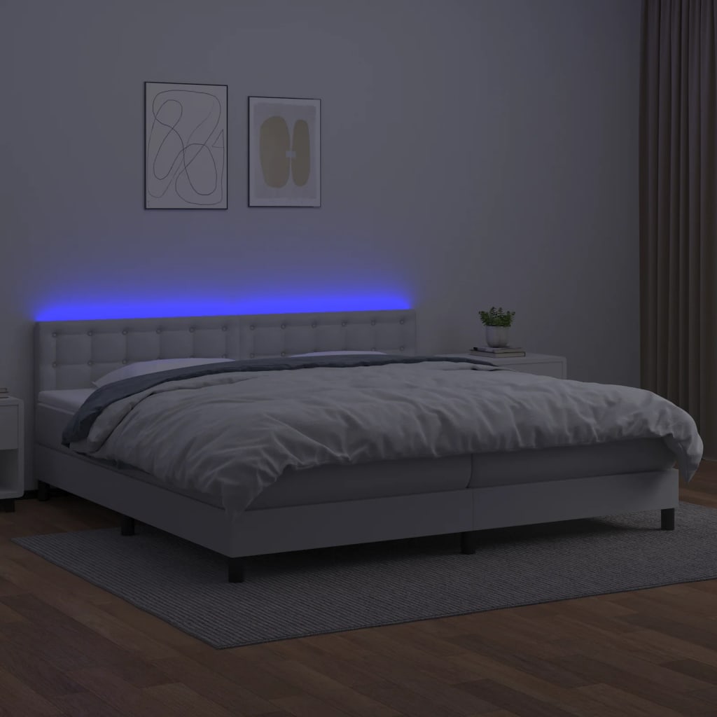 kontinentalseng med LED-lys 200x200 cm kunstlæder hvid