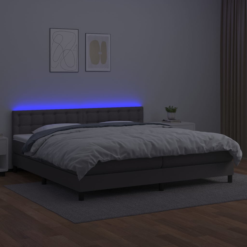 kontinentalseng med LED-lys 200x200 cm kunstlæder grå