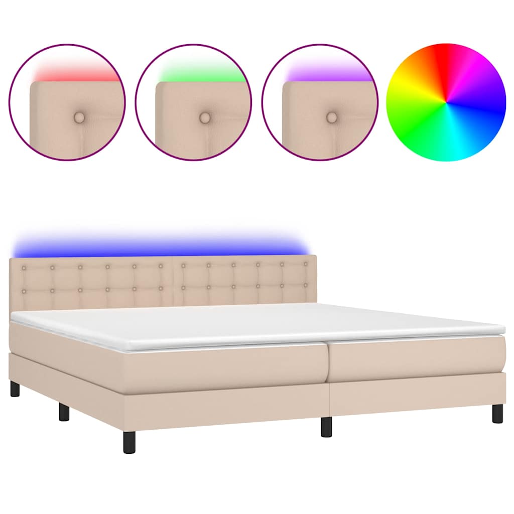 kontinentalseng LED-lys 200x200 cm kunstlæder cappuccinofarvet