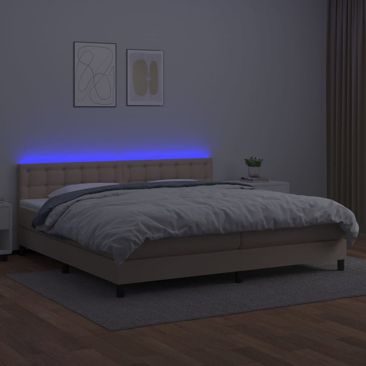 kontinentalseng LED-lys 200x200 cm kunstlæder cappuccinofarvet