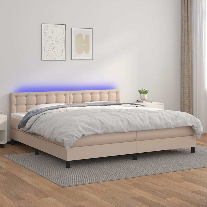 kontinentalseng LED-lys 200x200 cm kunstlæder cappuccinofarvet