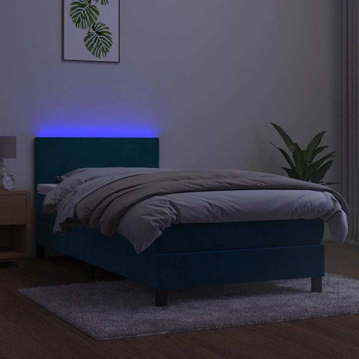 kontinentalseng med madras og LED-lys 90x190 cm fløjl mørkeblå