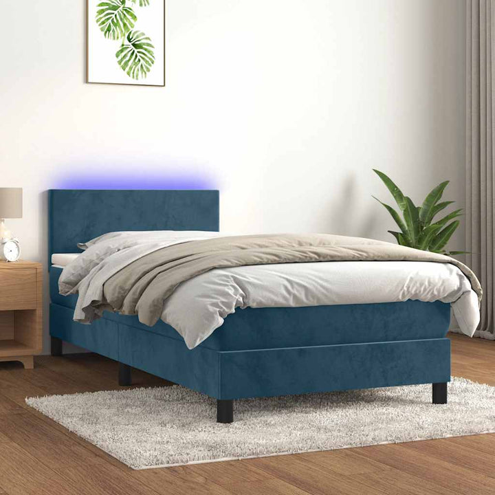kontinentalseng med madras og LED-lys 90x190 cm fløjl mørkeblå