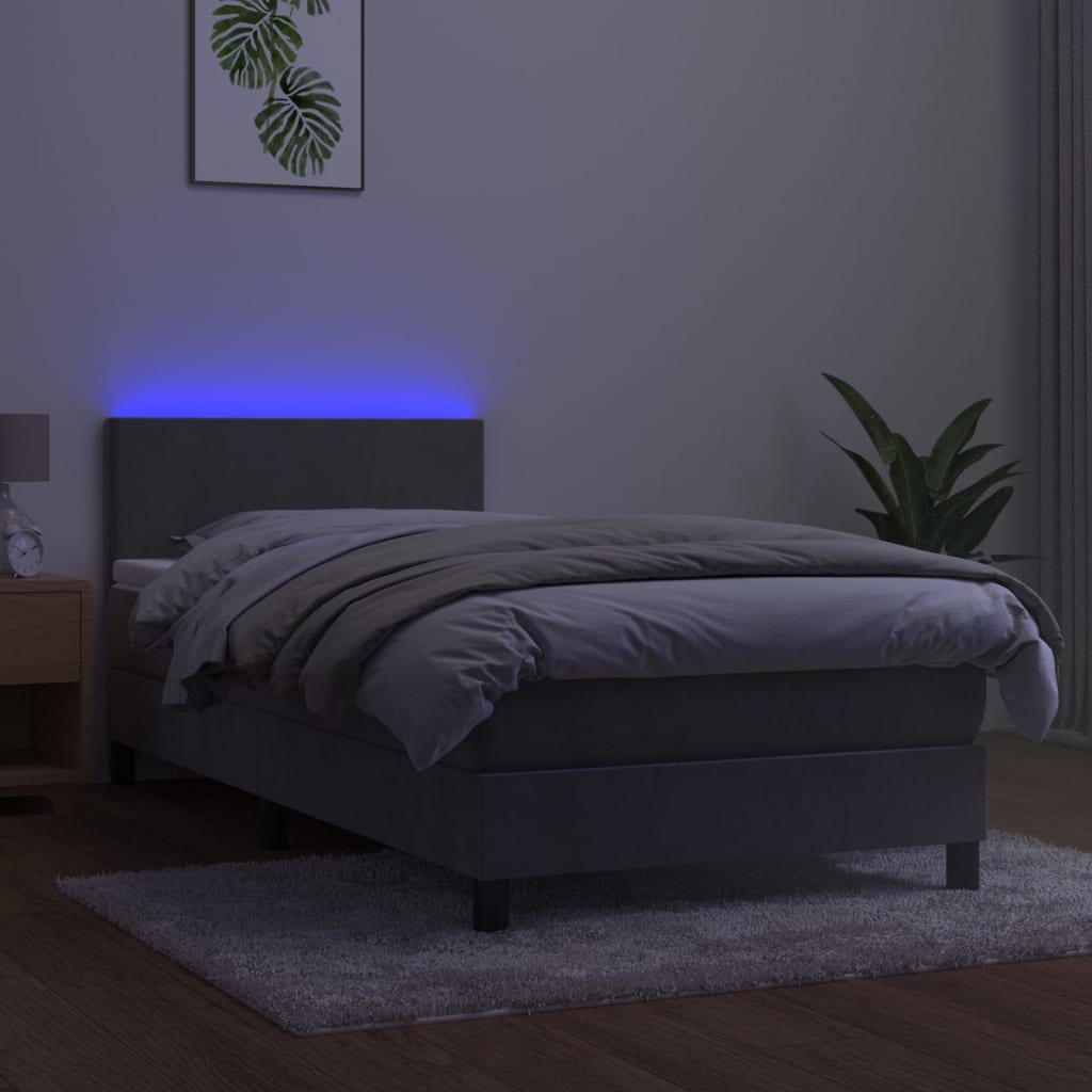 kontinentalseng med madras og LED-lys 90x200 cm fløjl lysegrå