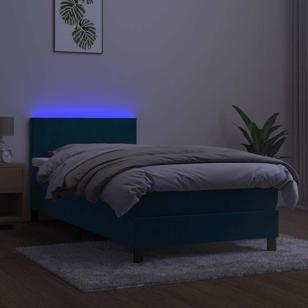 kontinentalseng med madras og LED-lys 100x200 cm fløjl mørkeblå