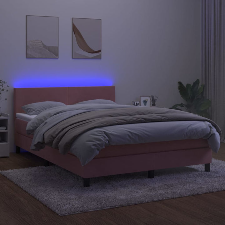 kontinentalseng med madras og LED-lys 140x200 cm fløjl lyserød