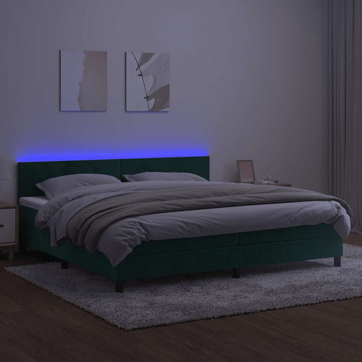 kontinentalseng med madras og LED-lys 200x200 cm fløjl mørkegrøn