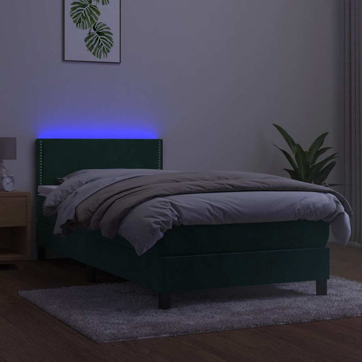 kontinentalseng med madras og LED-lys 80x200 cm velour mørkegrøn