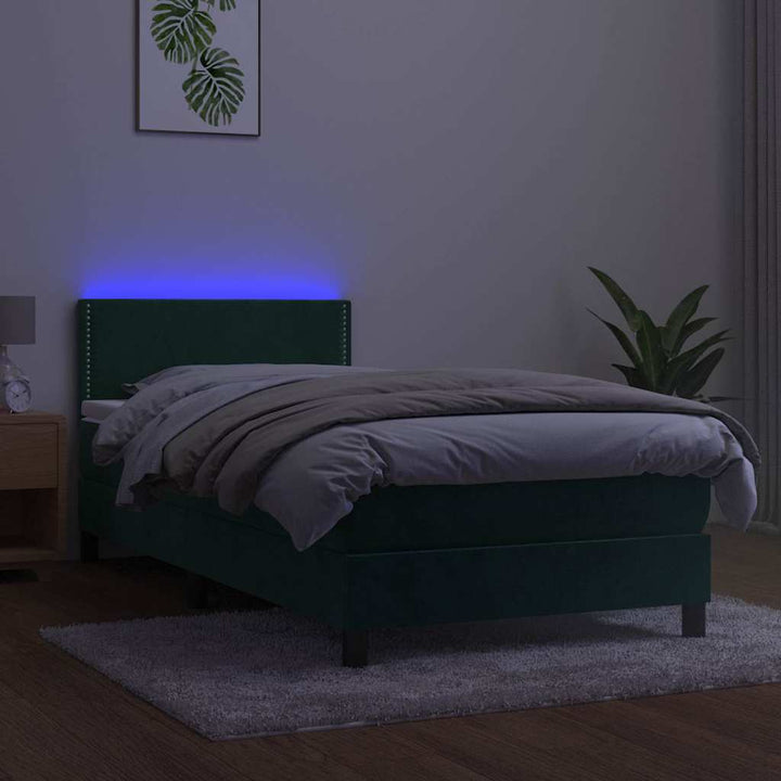 kontinentalseng med madras og LED-lys 100x200 cm fløjl mørkegrøn