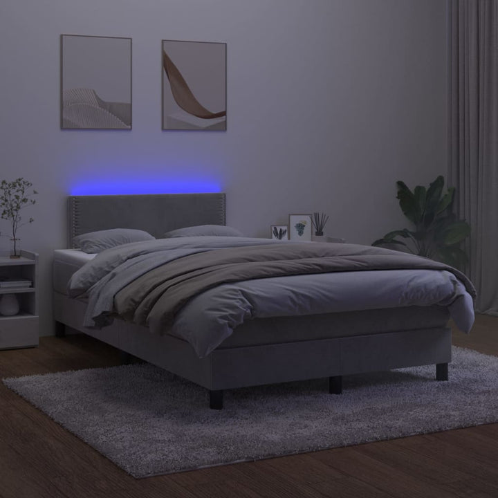 kontinentalseng med madras og LED-lys 120x200 cm fløjl lysegrå