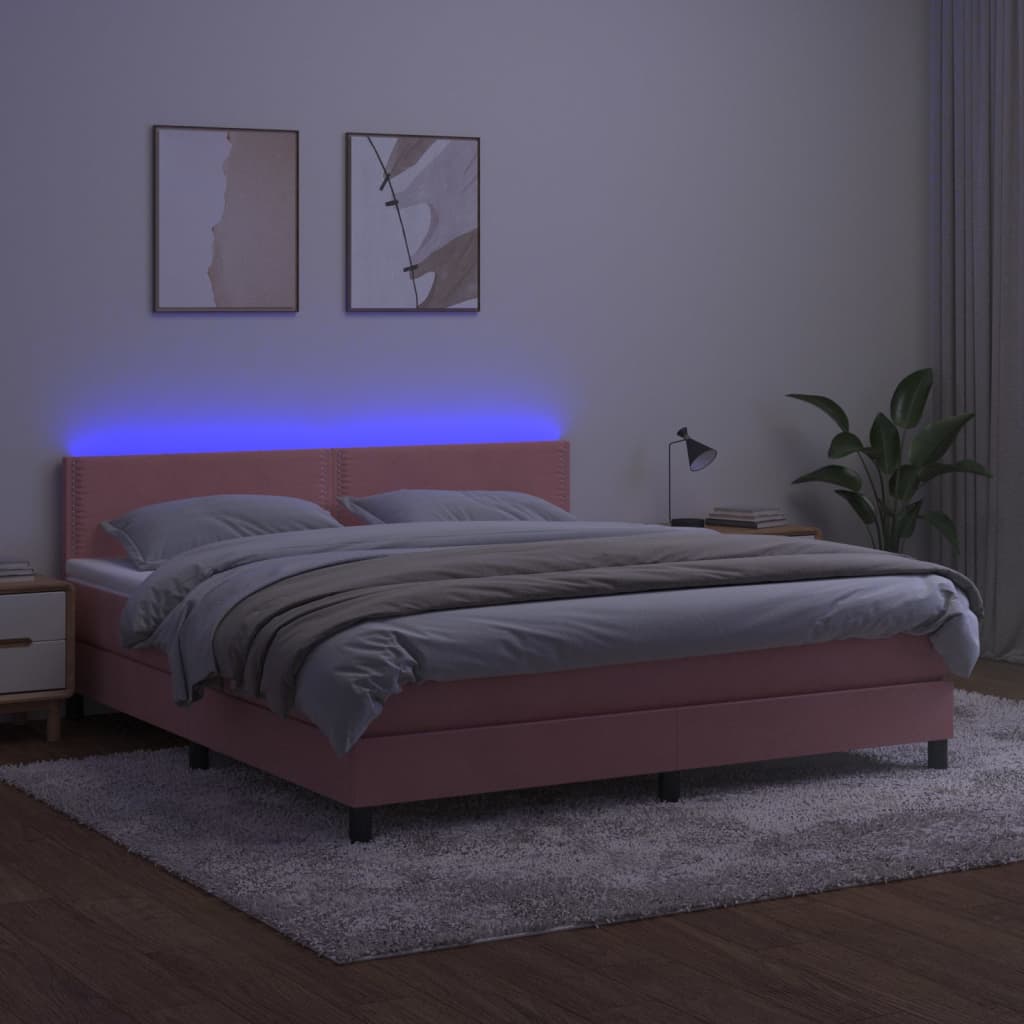 kontinentalseng med madras og LED-lys 160x200 cm fløjl lyserød